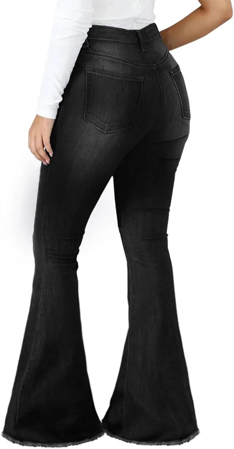SeNight Women Bell Bottom Jeans Elastic Waist Ripped Flared Jean Destroyed Raw Hem Denim Pants