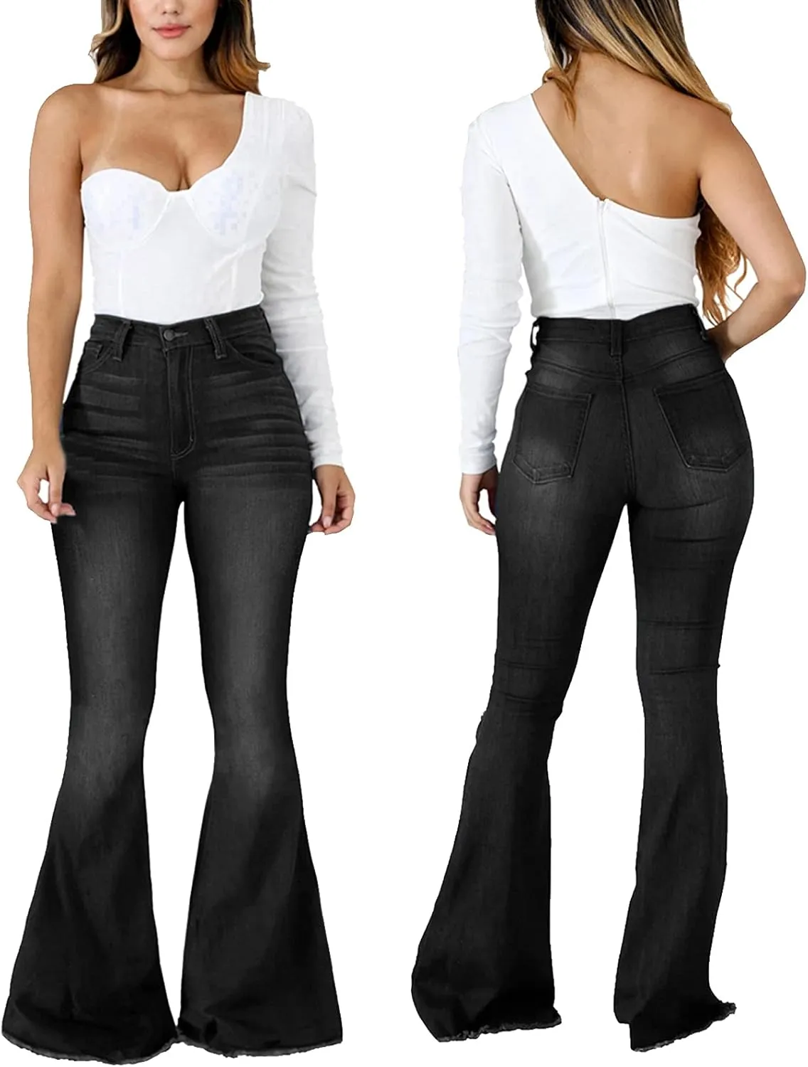 SeNight Women Bell Bottom Jeans Elastic Waist Ripped Flared Jean Destroyed Raw Hem Denim Pants