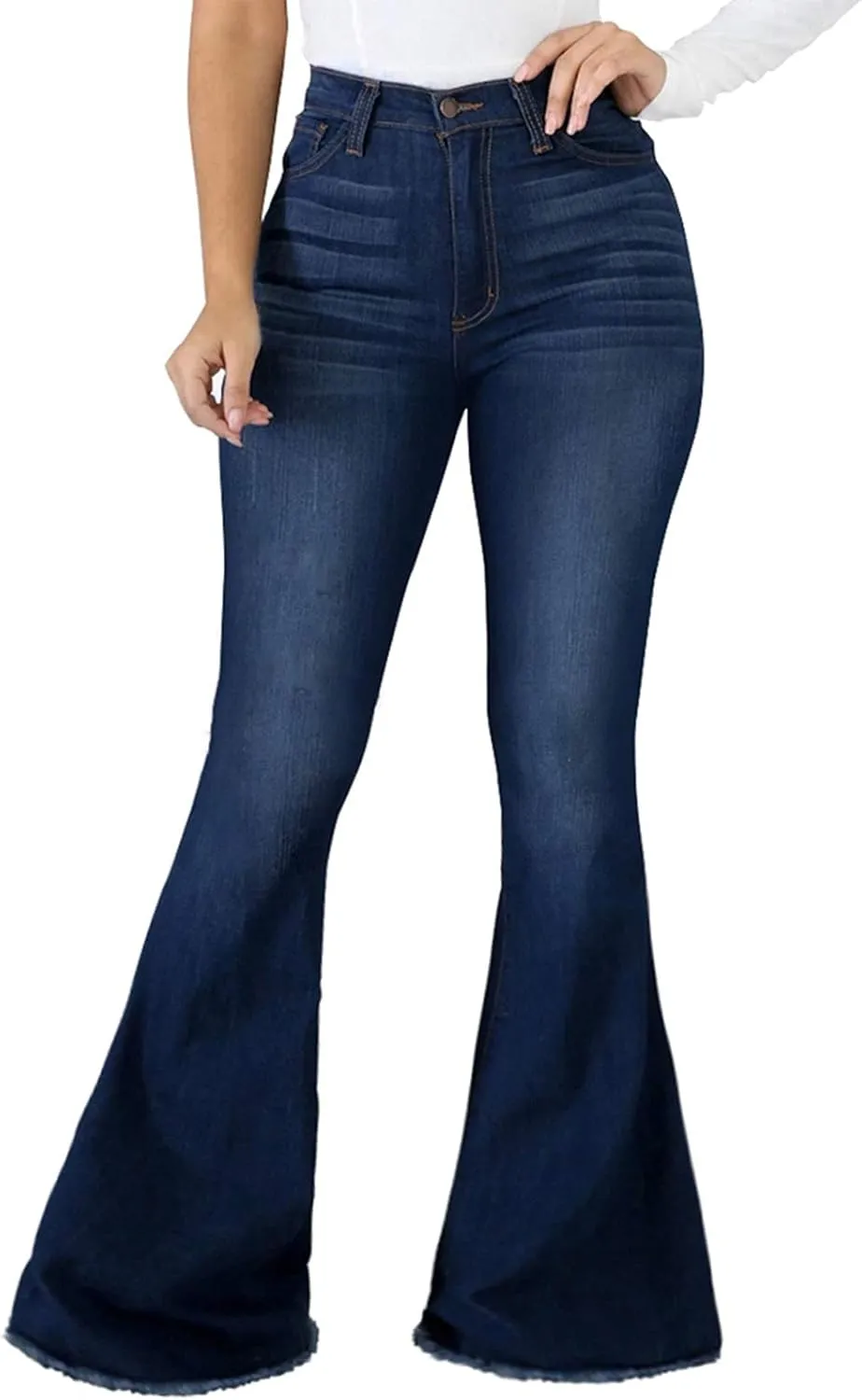 SeNight Women Bell Bottom Jeans Elastic Waist Ripped Flared Jean Destroyed Raw Hem Denim Pants