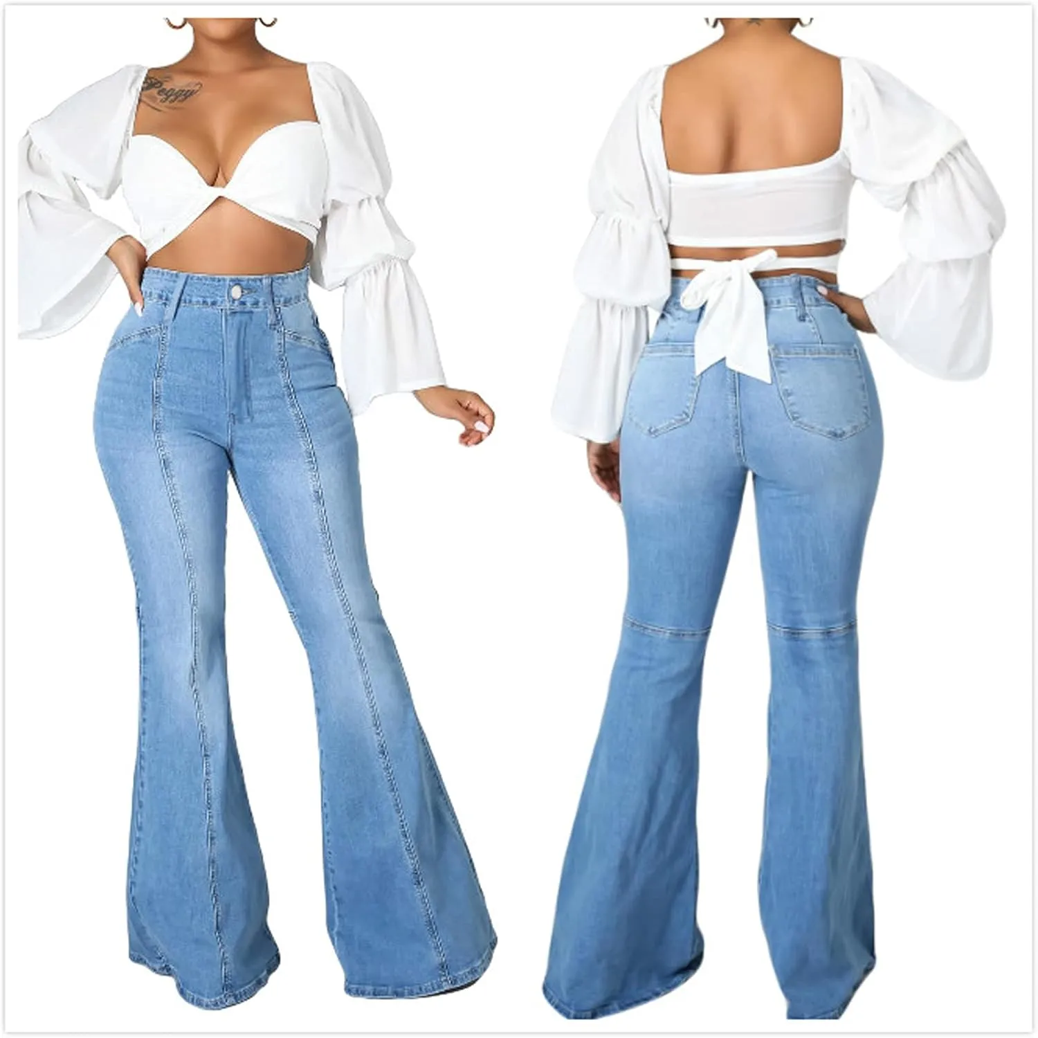 SeNight Women Bell Bottom Jeans Elastic Waist Ripped Flared Jean Destroyed Raw Hem Denim Pants