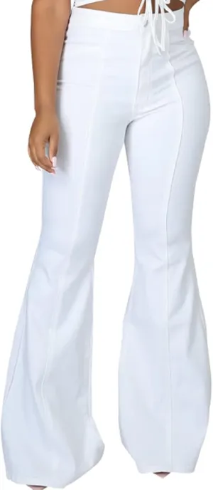 SeNight Women Bell Bottom Jeans Elastic Waist Ripped Flared Jean Destroyed Raw Hem Denim Pants