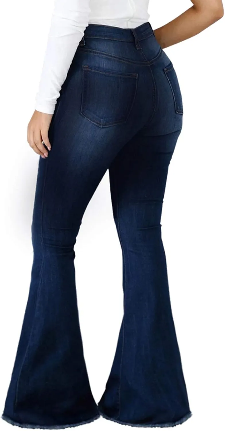 SeNight Women Bell Bottom Jeans Elastic Waist Ripped Flared Jean Destroyed Raw Hem Denim Pants