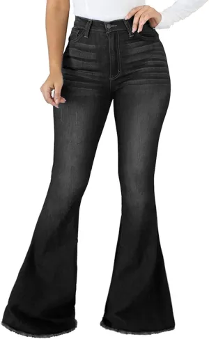 SeNight Women Bell Bottom Jeans Elastic Waist Ripped Flared Jean Destroyed Raw Hem Denim Pants