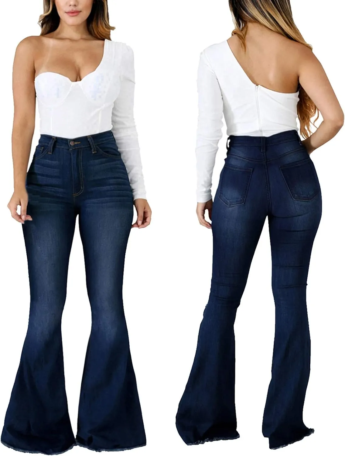 SeNight Women Bell Bottom Jeans Elastic Waist Ripped Flared Jean Destroyed Raw Hem Denim Pants