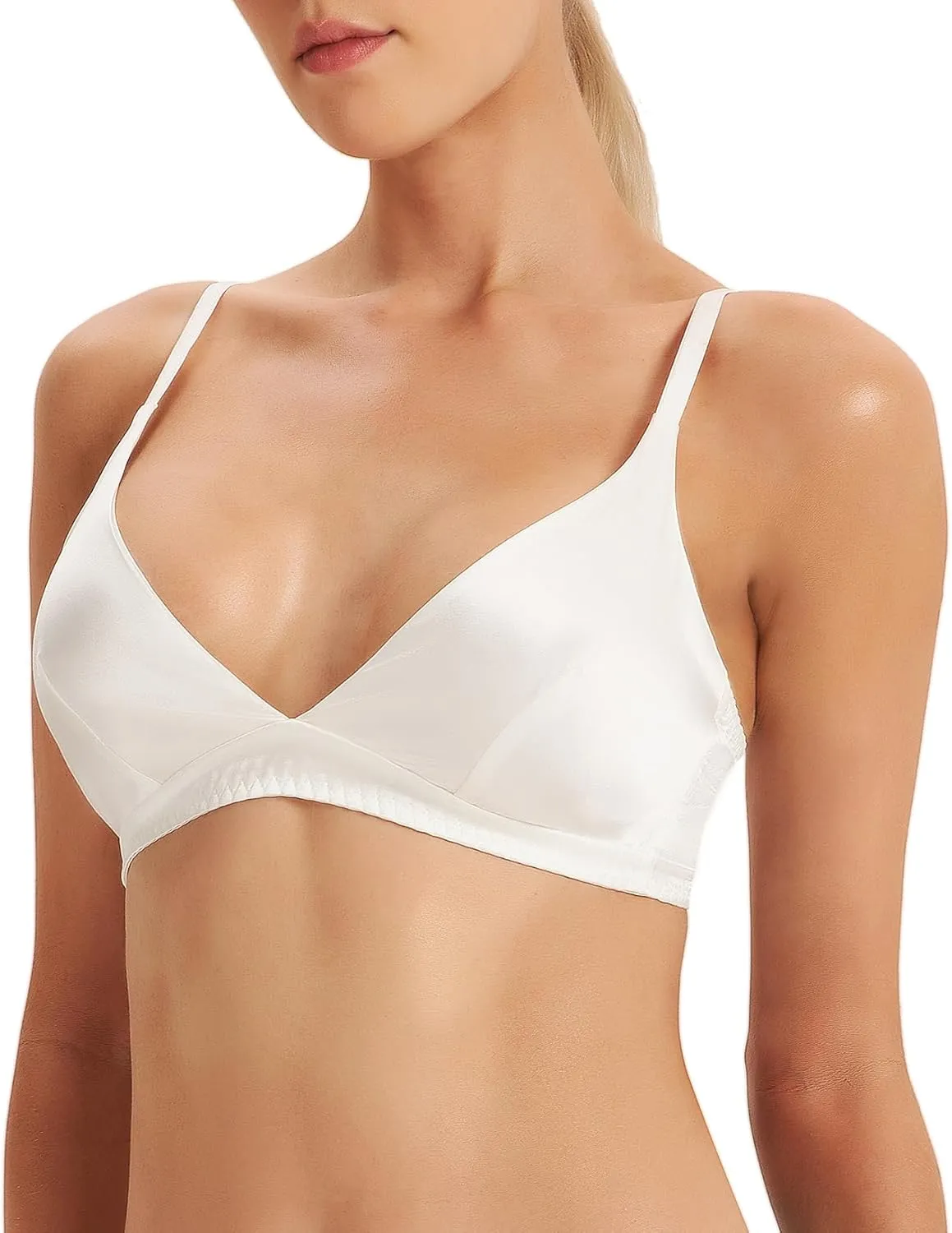 SilRiver Women's Silk Soft Cup Wireless Bra Bralette Top with Smooth Satin