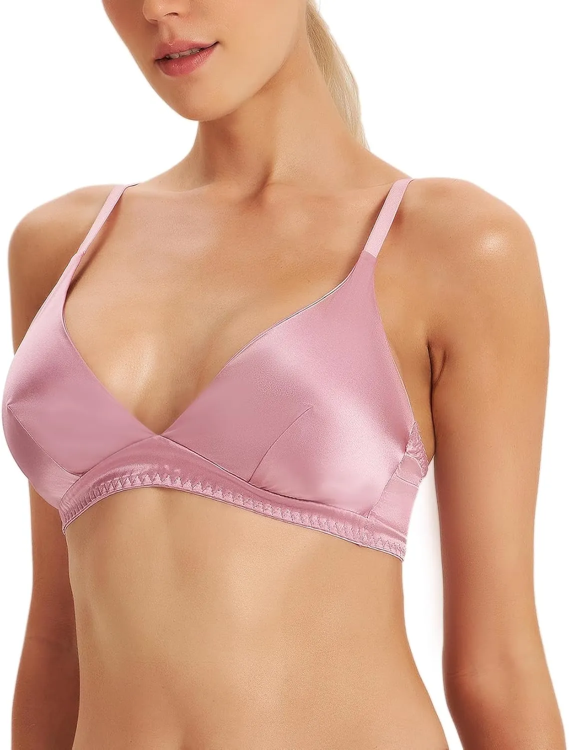 SilRiver Women's Silk Soft Cup Wireless Bra Bralette Top with Smooth Satin