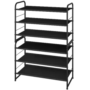 Simple Trending 6-Tier Stackable Shoe Rack, Expandable & Adjustable Fabric Shoe Shelf Storage Organizer, Black