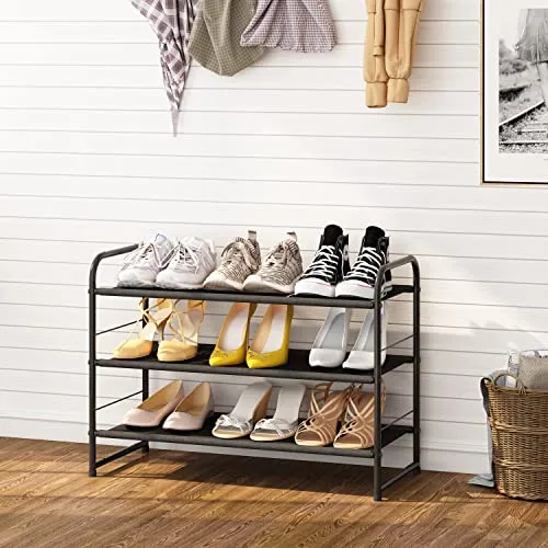 Simple Trending 6-Tier Stackable Shoe Rack, Expandable & Adjustable Fabric Shoe Shelf Storage Organizer, Black