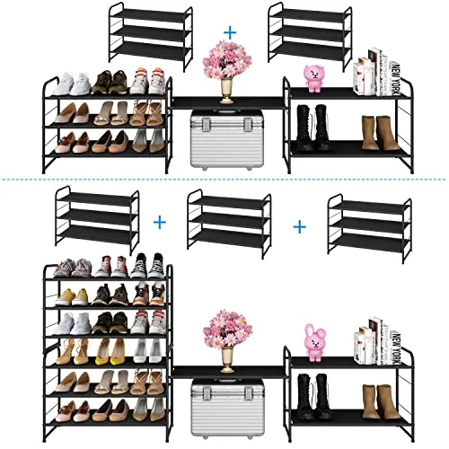 Simple Trending 6-Tier Stackable Shoe Rack, Expandable & Adjustable Fabric Shoe Shelf Storage Organizer, Black