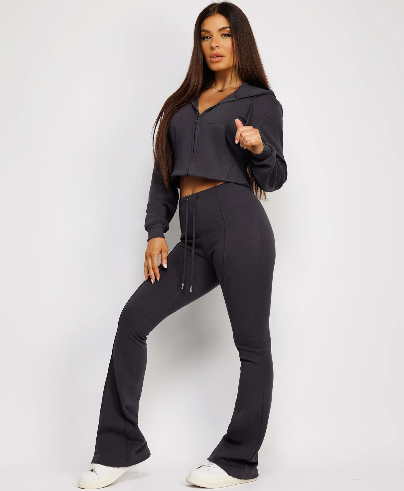 Slate Grey Cropped Bootcut Sweatshirt And Joggers Tracksuit