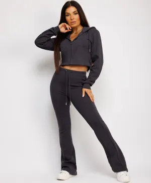 Slate Grey Cropped Bootcut Sweatshirt And Joggers Tracksuit