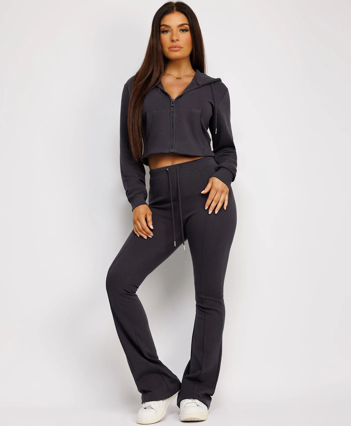 Slate Grey Cropped Bootcut Sweatshirt And Joggers Tracksuit