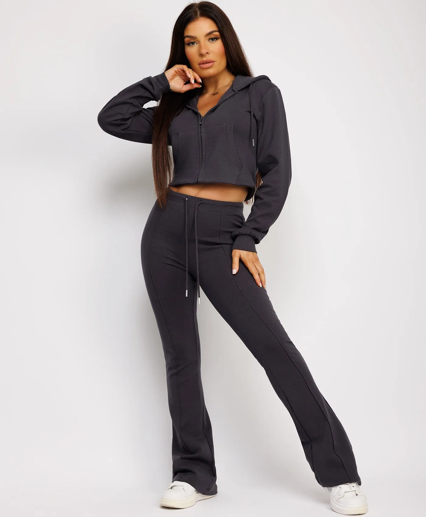 Slate Grey Cropped Bootcut Sweatshirt And Joggers Tracksuit