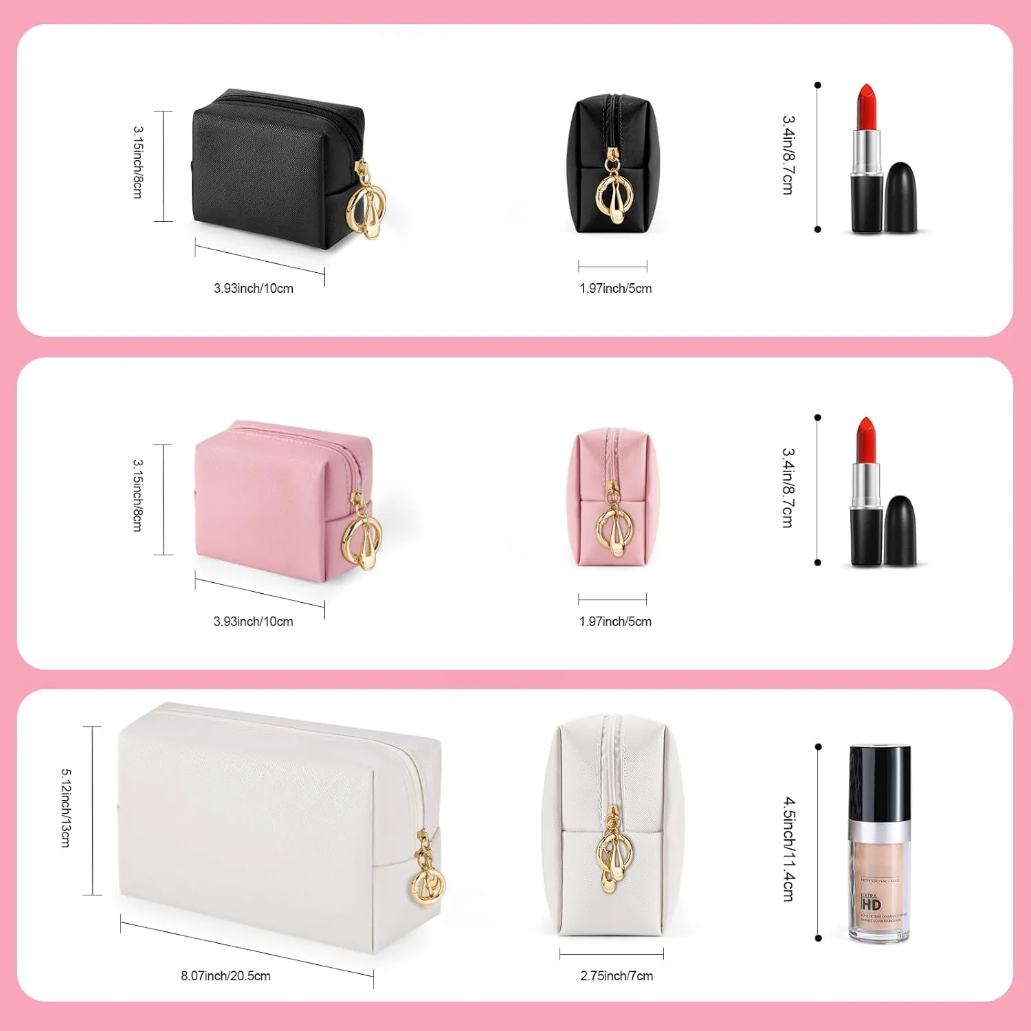 Small Makeup Pouch, 2 Piece Small Makeup Bag Set, Travel Mini Toiletry Bags Leather Makeup Bag for Purse, Cosmetic Bag for Girls Women with Ring Clip(Beige Black, 4''  8'')