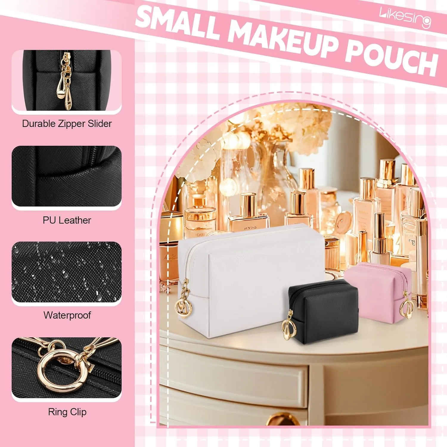 Small Makeup Pouch, 2 Piece Small Makeup Bag Set, Travel Mini Toiletry Bags Leather Makeup Bag for Purse, Cosmetic Bag for Girls Women with Ring Clip(Beige Black, 4''  8'')