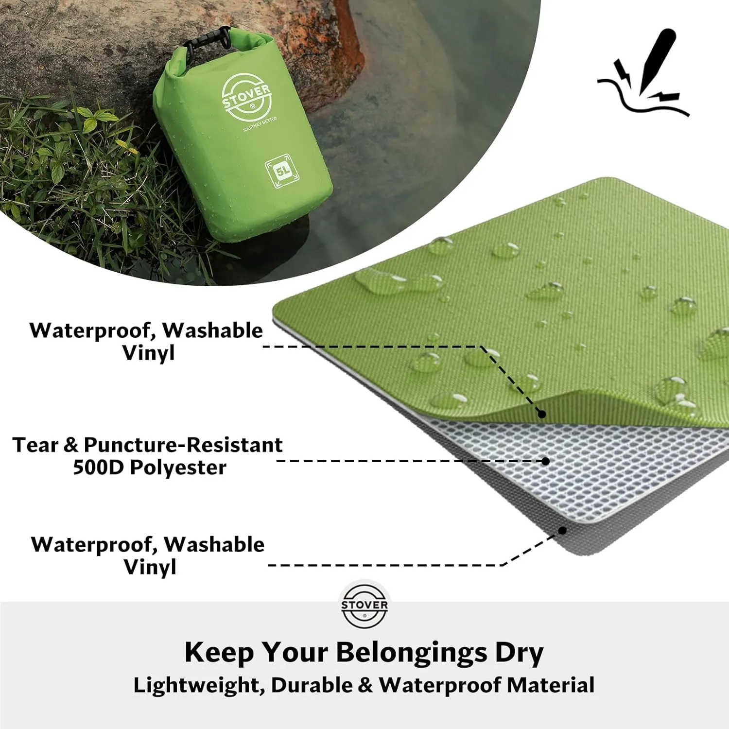 STOVER 5/10/25/30/40/55L Waterproof Dry Bag, Small Lightweight Roll Top Dry Bag Backpack w/Waterproof Phone Case, Kayaking, Travel, Hiking, Fishing, Tubing, Camping, the Beach, Men/Women (Green)