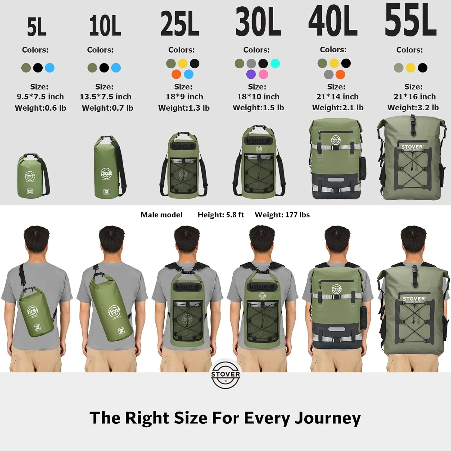 STOVER 5/10/25/30/40/55L Waterproof Dry Bag, Small Lightweight Roll Top Dry Bag Backpack w/Waterproof Phone Case, Kayaking, Travel, Hiking, Fishing, Tubing, Camping, the Beach, Men/Women (Green)