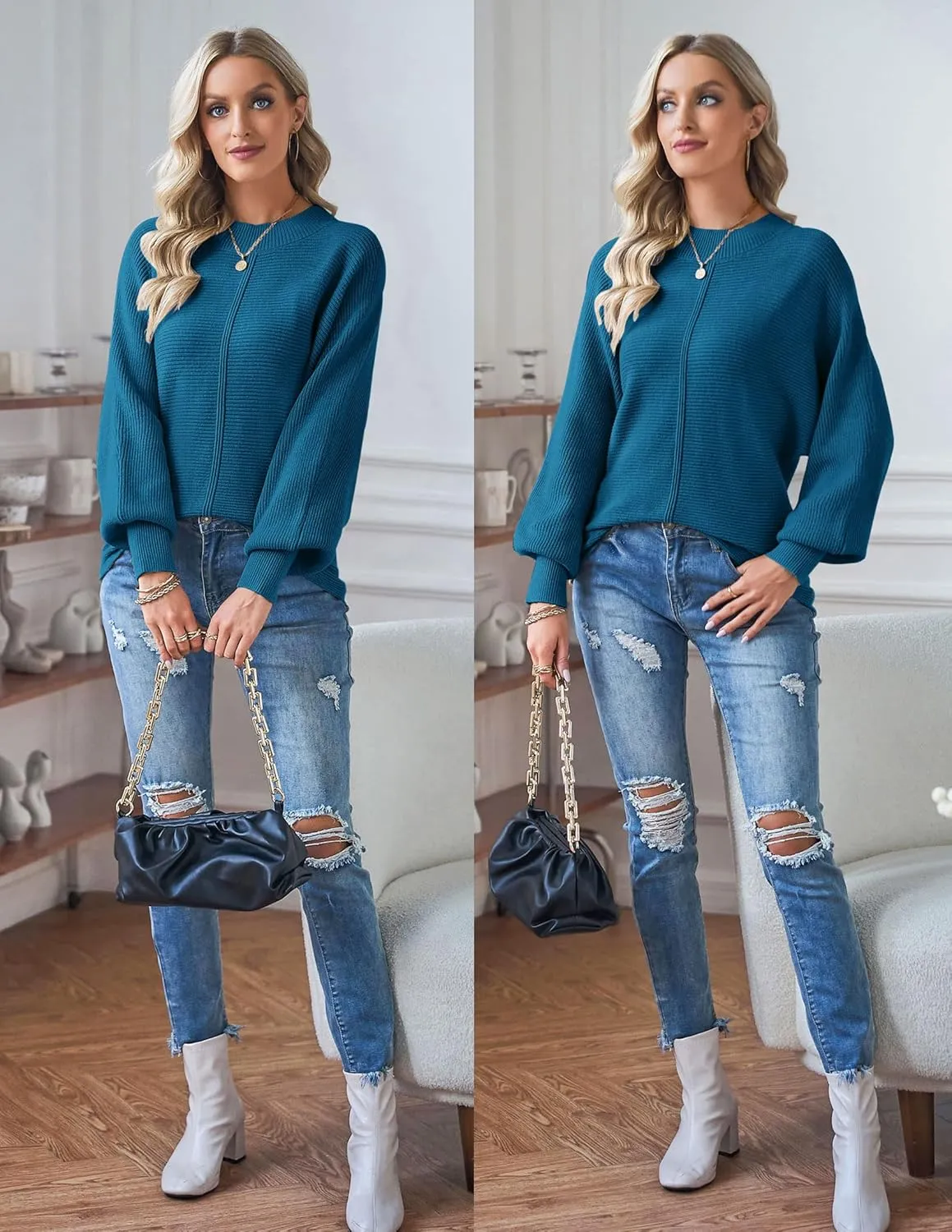 TECREW Women's Batwing Long Sleeve Crew Neck Pullover Sweater Soft Ribbed Knit Sweater Top