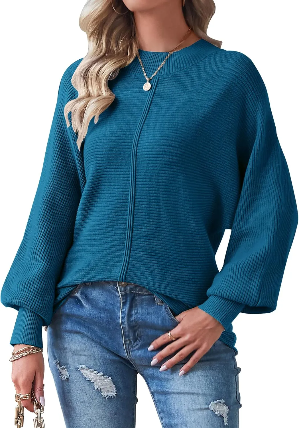 TECREW Women's Batwing Long Sleeve Crew Neck Pullover Sweater Soft Ribbed Knit Sweater Top