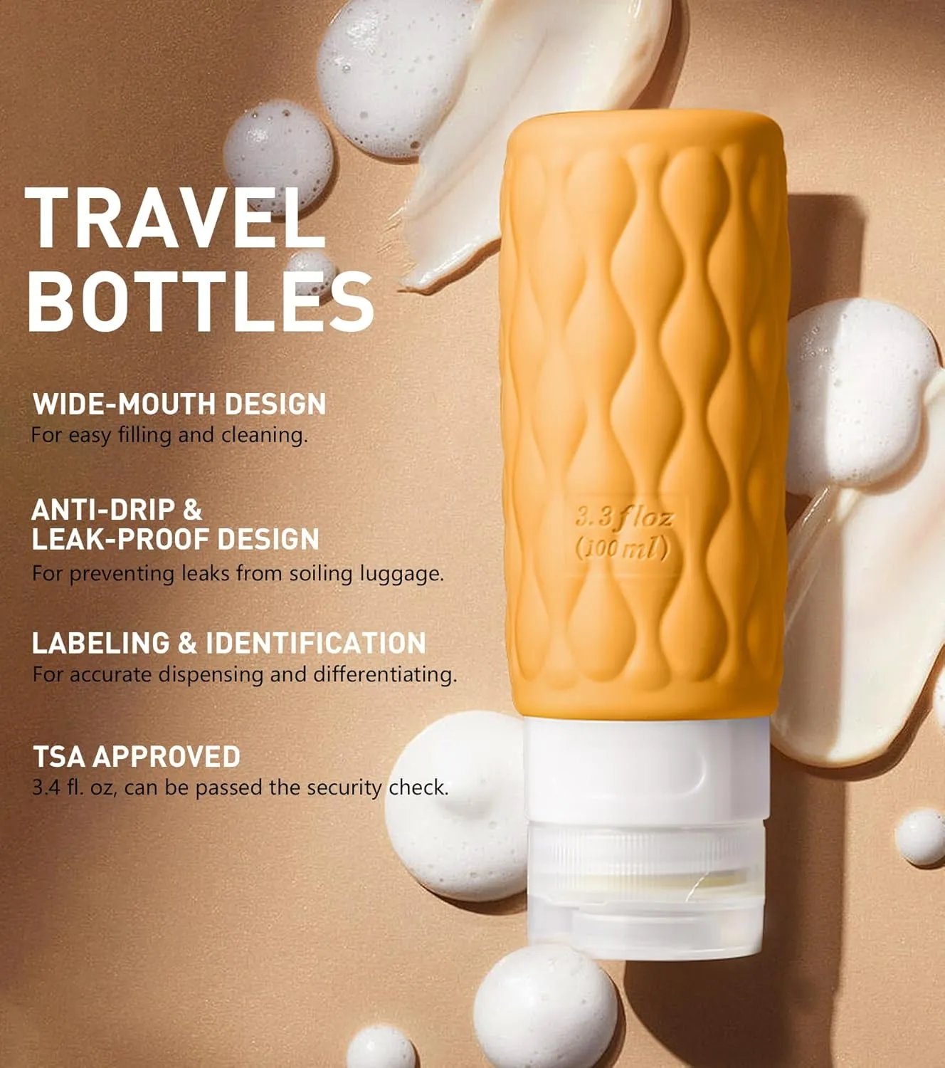 Travel Bottles for Toiletries, 3.4 oz TSA Approved Silicone Travel Shampoo Bottles with Clear Toiletry Bag and Label, Travel Essentials for Shampoo and Conditioner, Orange