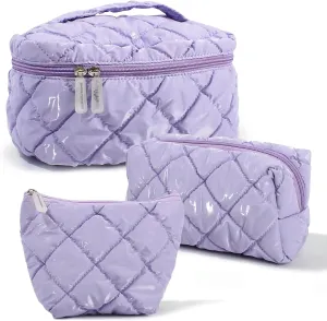 Travel Makeup Bag for Women, Large Waterproof Cosmetic Organizer with 3-piece set, Toiletry Bag for Gym/College/Gifts | Cute Aesthetic Design (Purple)