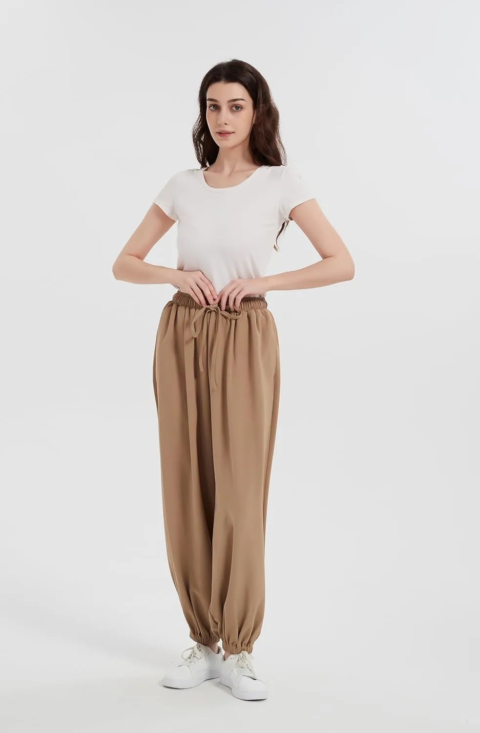 Tronjori Womens Baggy Elastic Waistband Pants High Waist Casual Wide Leg Loose Trousers Drawstring Cinch Bottom
