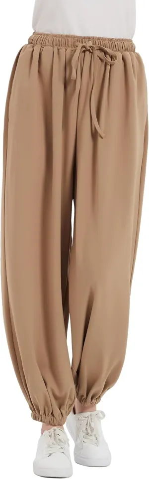 Tronjori Womens Baggy Elastic Waistband Pants High Waist Casual Wide Leg Loose Trousers Drawstring Cinch Bottom