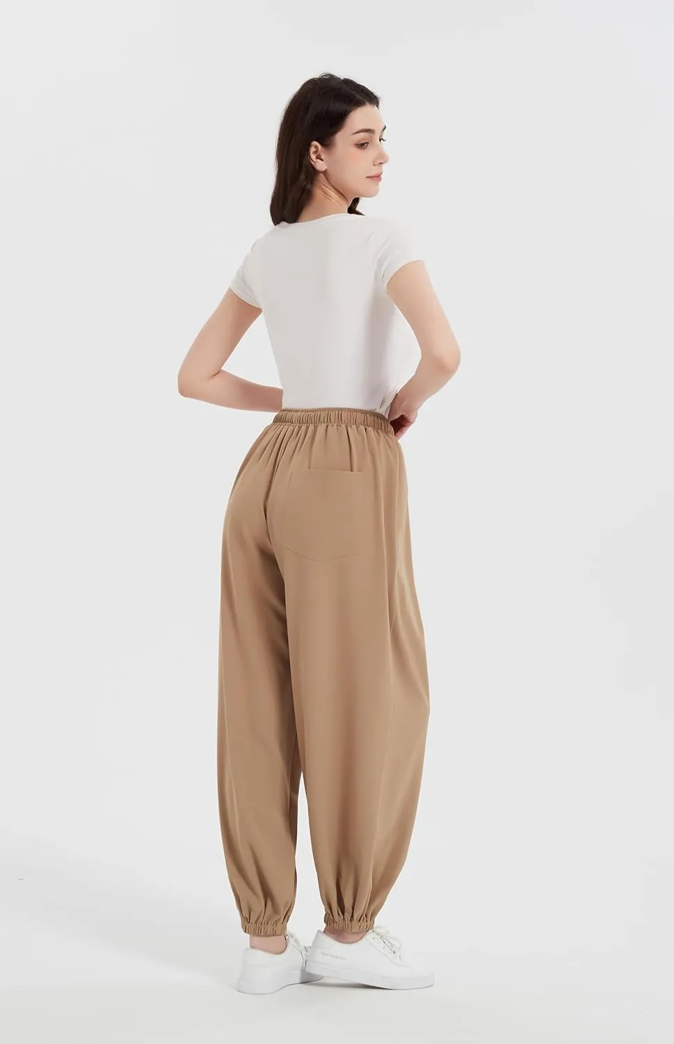 Tronjori Womens Baggy Elastic Waistband Pants High Waist Casual Wide Leg Loose Trousers Drawstring Cinch Bottom