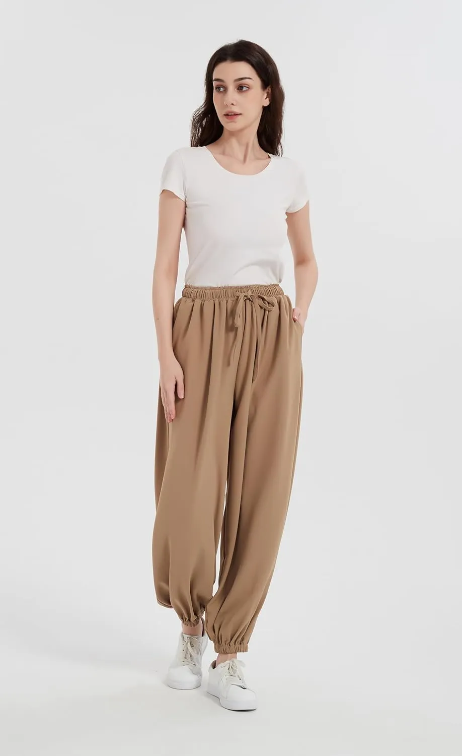 Tronjori Womens Baggy Elastic Waistband Pants High Waist Casual Wide Leg Loose Trousers Drawstring Cinch Bottom
