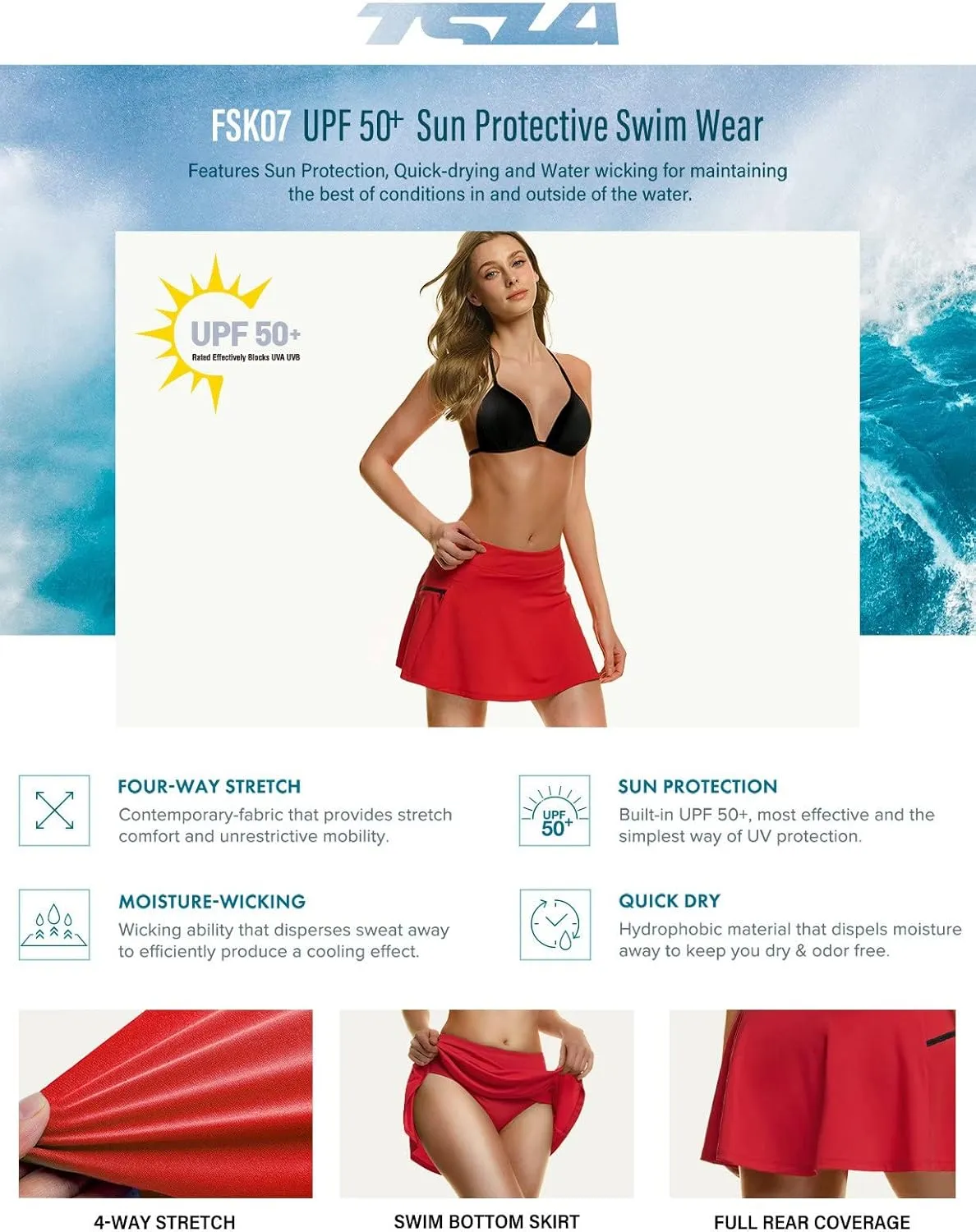TSLA Women's UPF 50  Swim Skirt, Elastic Waistband Swimsuit Skort, Built-in Swimwear Bikini Bottom