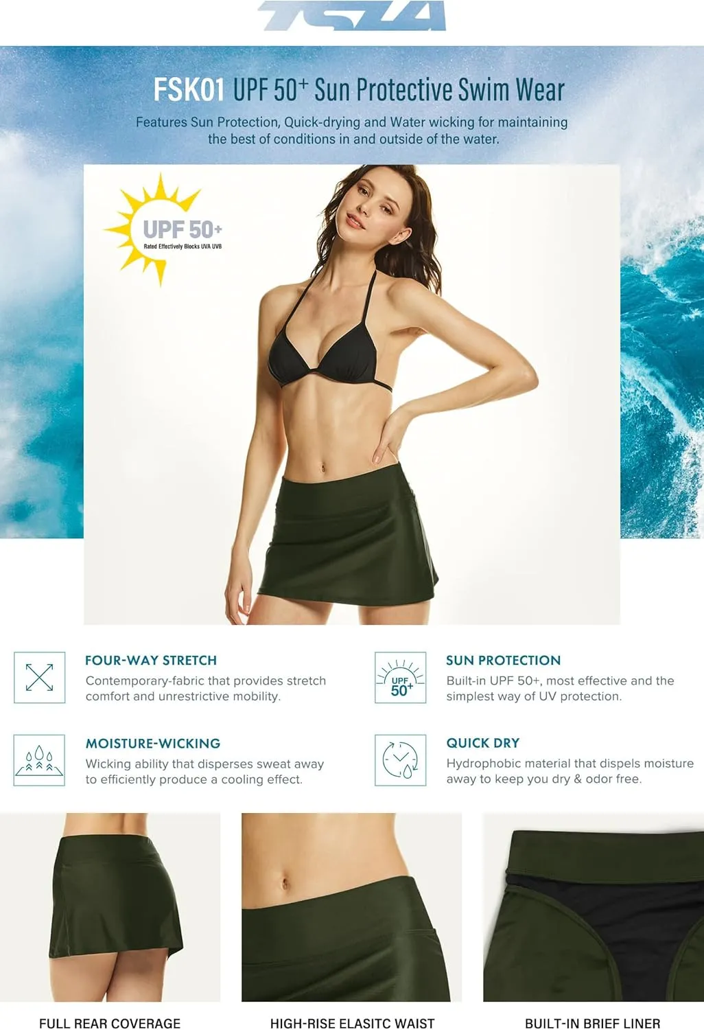 TSLA Women's UPF 50  Swim Skirt, Elastic Waistband Swimsuit Skort, Built-in Swimwear Bikini Bottom