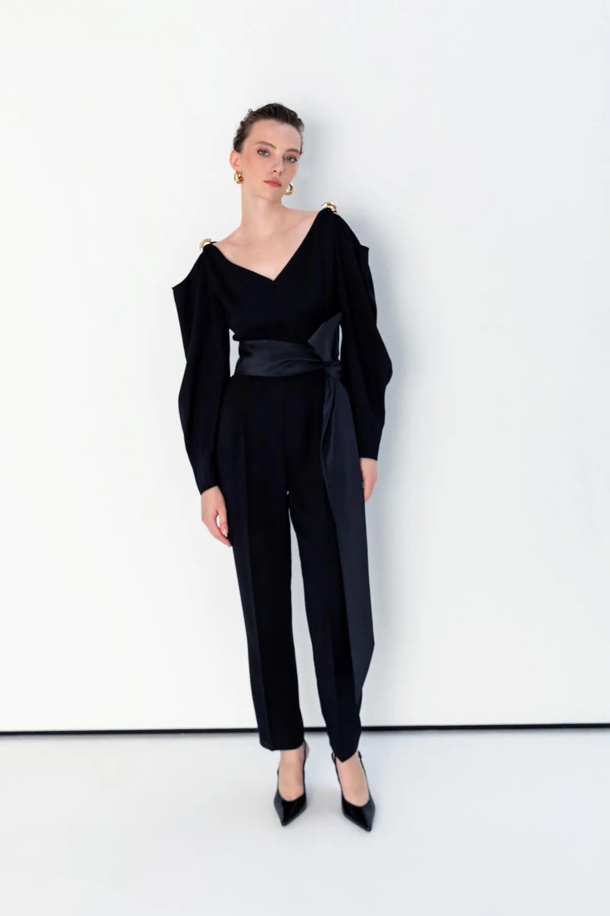 V-Neck Jumpsuit with Belt Black