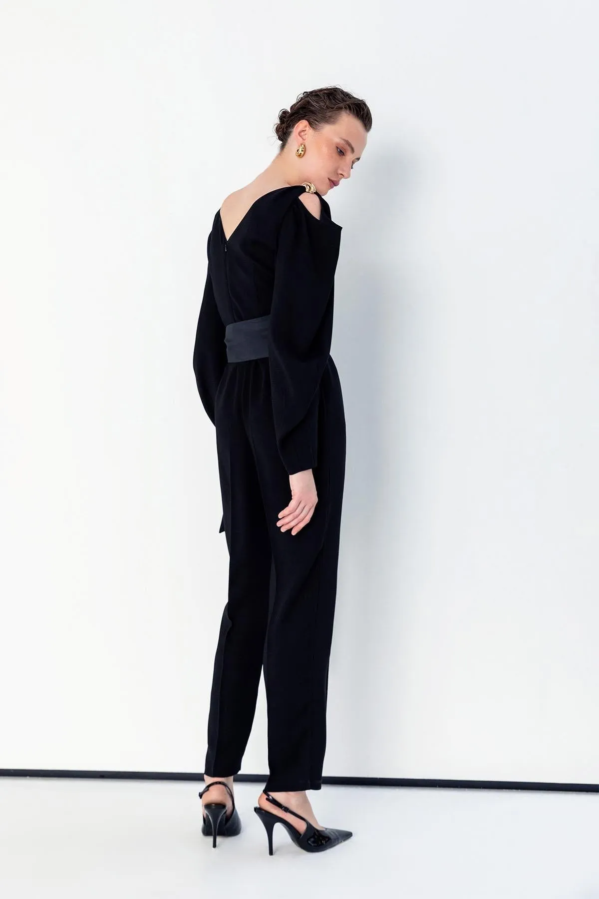 V-Neck Jumpsuit with Belt Black