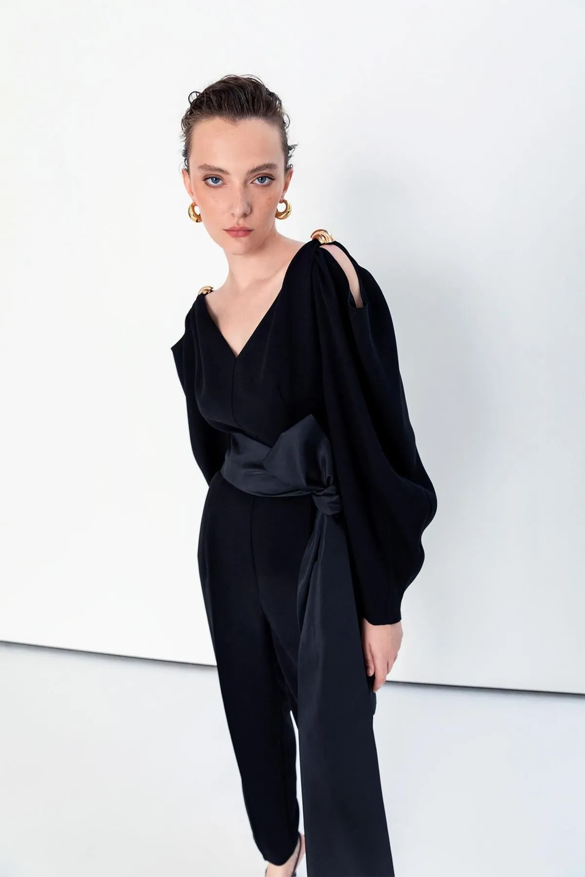V-Neck Jumpsuit with Belt Black