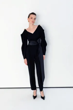 V-Neck Jumpsuit with Belt Black