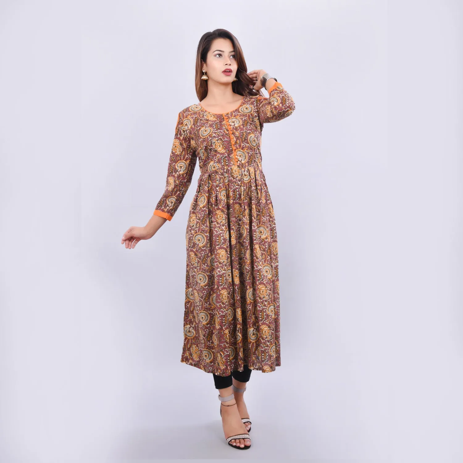 Vedana Women's Cotton Kalamkari Print Cold Shoulder Kurti