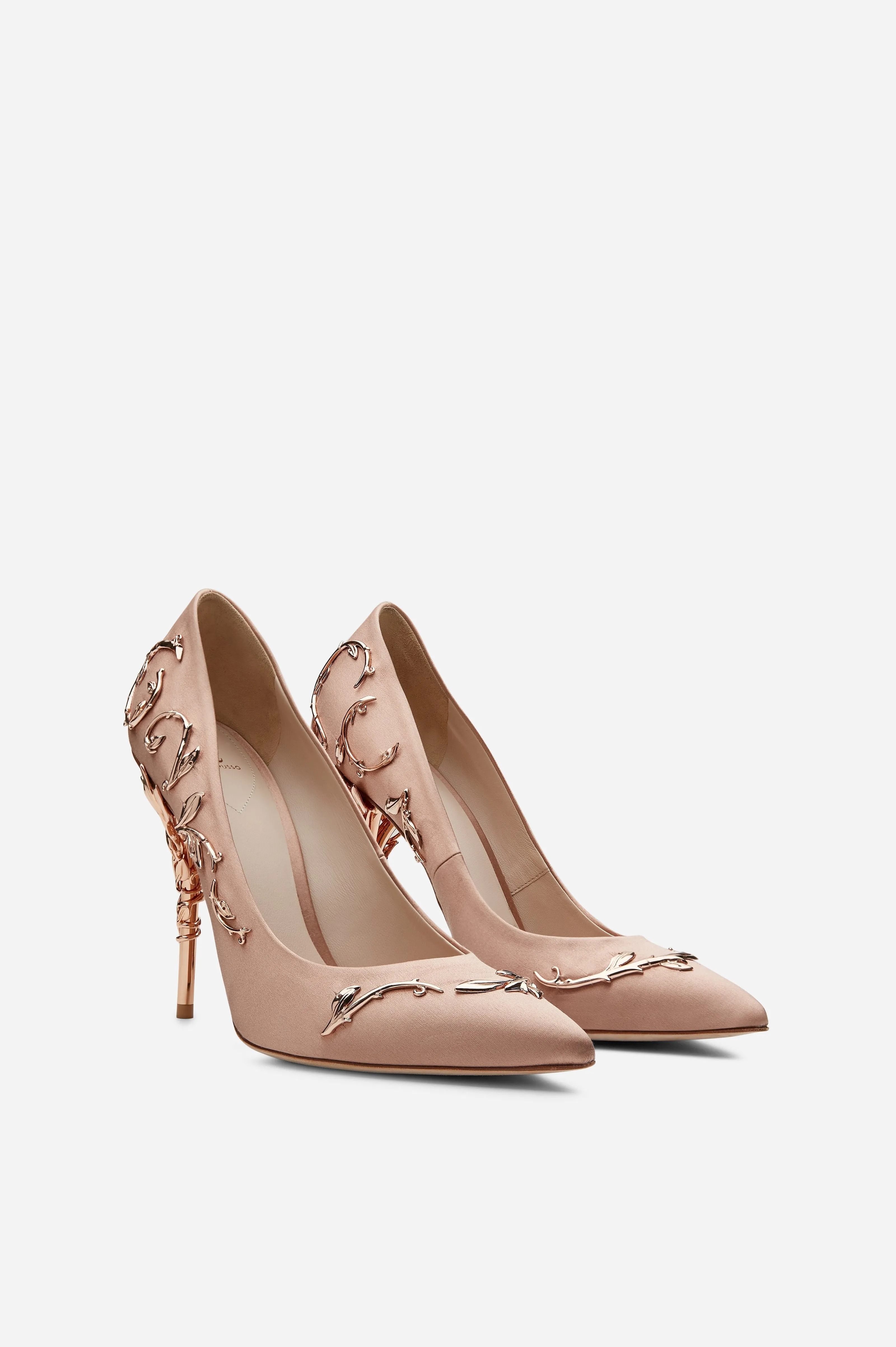 Vintage Pink Satin Eden Pumps with Rose Gold Leaves