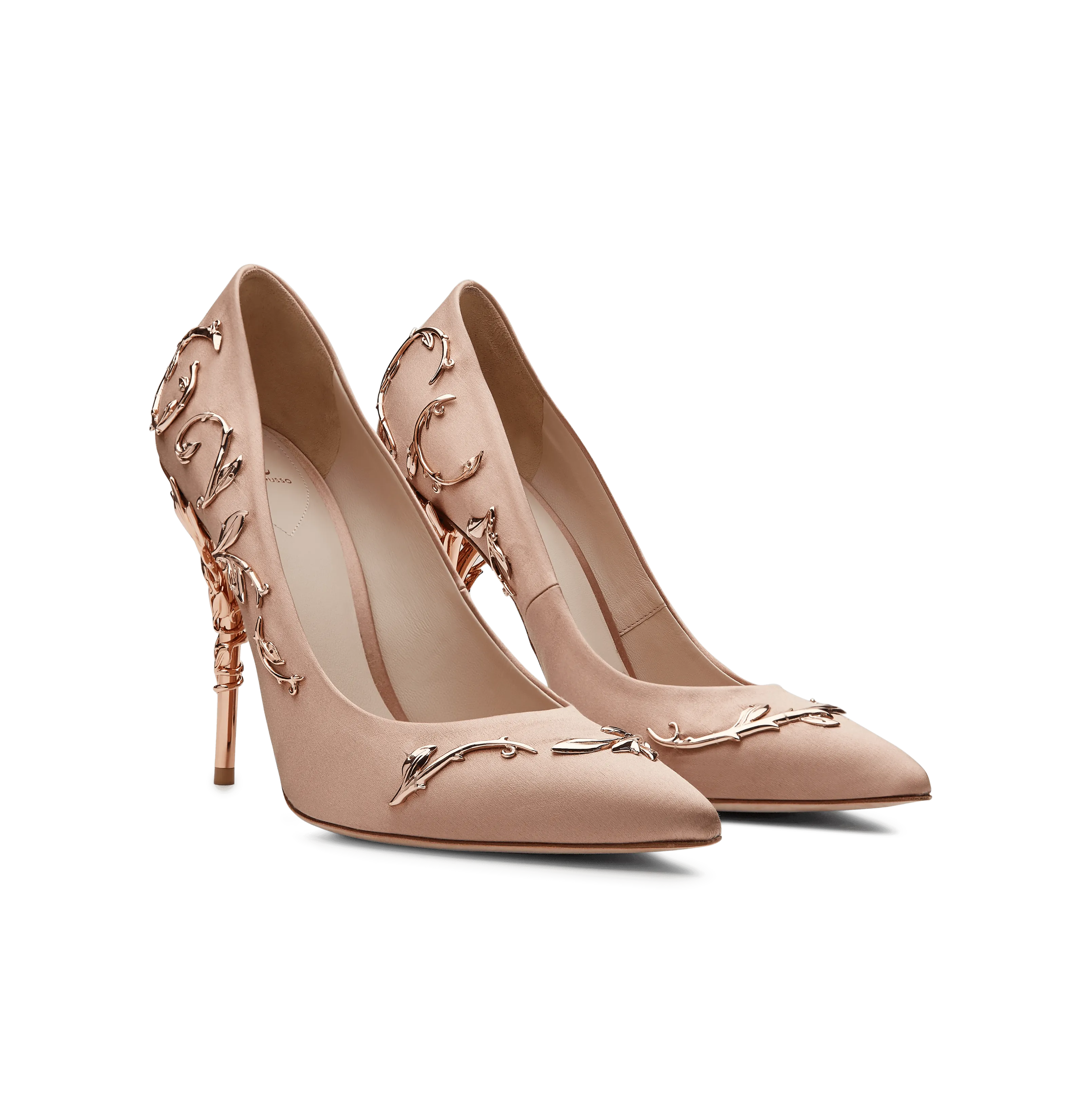 Vintage Pink Satin Eden Pumps with Rose Gold Leaves