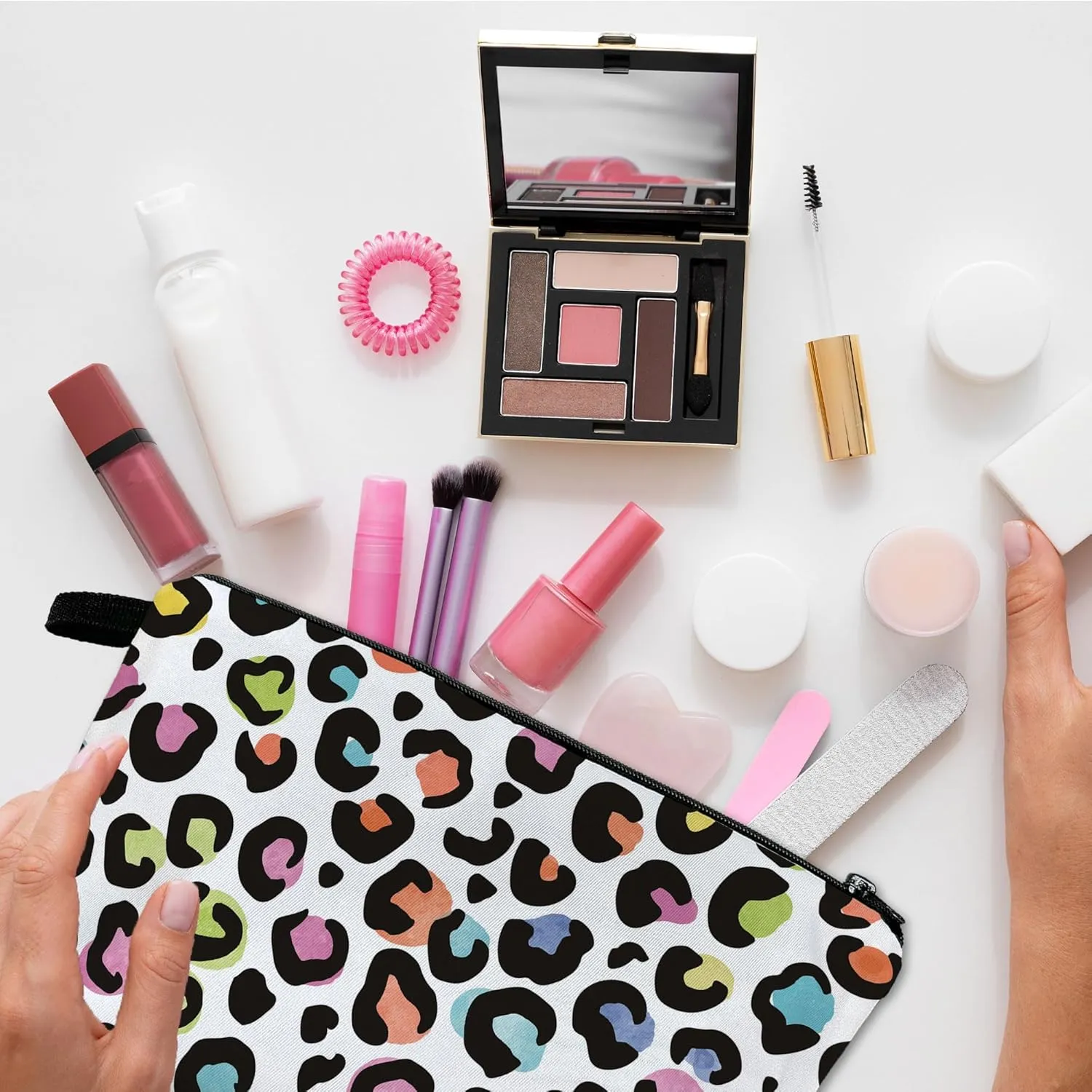 White Leopard Cheetah Print Makeup Cosmetic Bag Aesthetic Pouch Organizer Small Compact Cute Travel Mini Portable Beauty Toiletry Make Up Brush Storage Purse Case Women Girl Waterproof Zipper