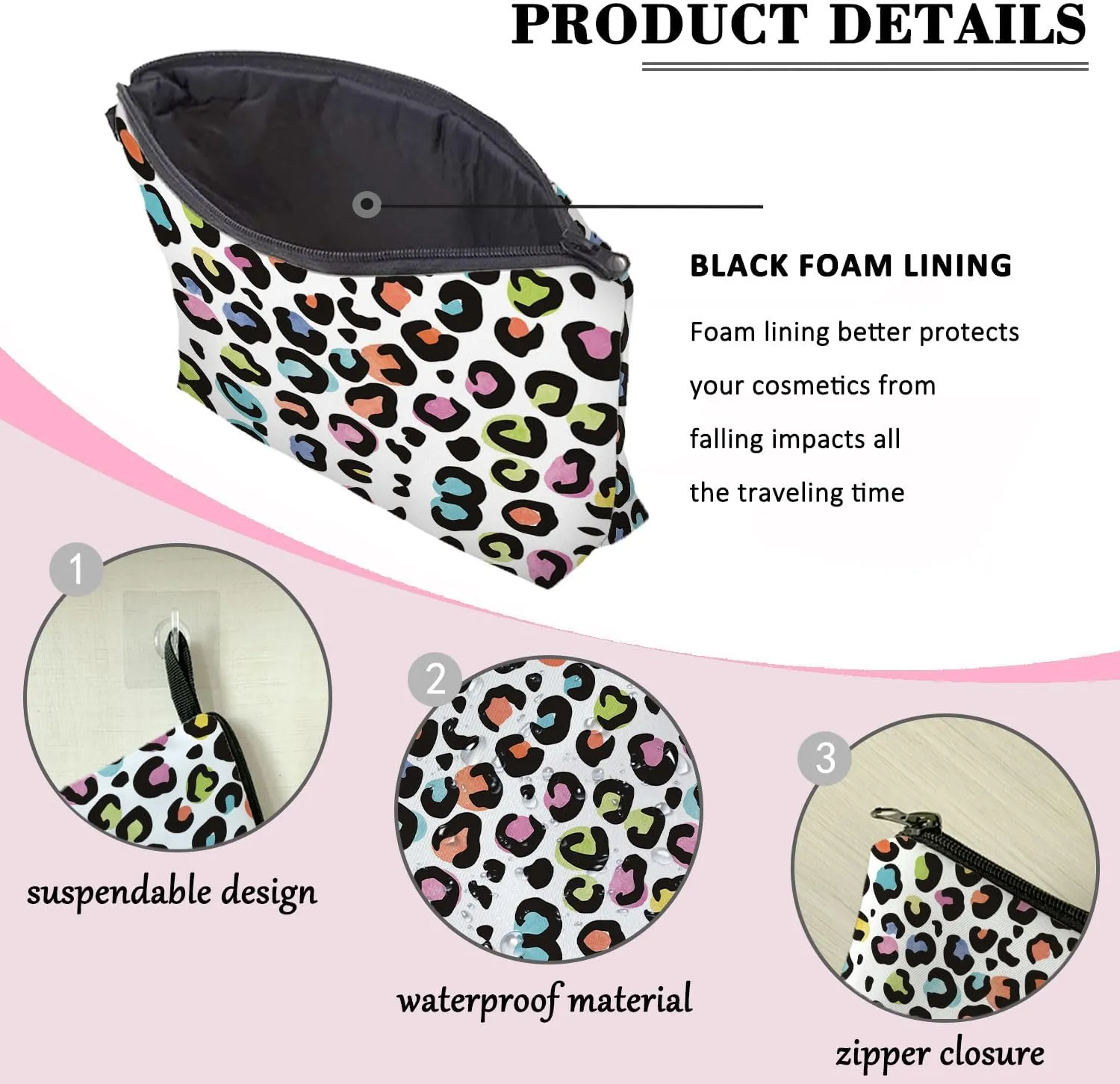 White Leopard Cheetah Print Makeup Cosmetic Bag Aesthetic Pouch Organizer Small Compact Cute Travel Mini Portable Beauty Toiletry Make Up Brush Storage Purse Case Women Girl Waterproof Zipper