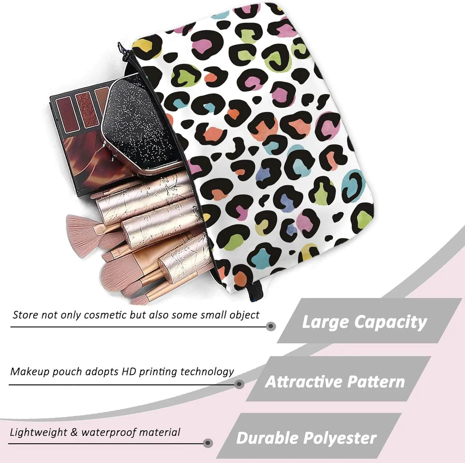 White Leopard Cheetah Print Makeup Cosmetic Bag Aesthetic Pouch Organizer Small Compact Cute Travel Mini Portable Beauty Toiletry Make Up Brush Storage Purse Case Women Girl Waterproof Zipper