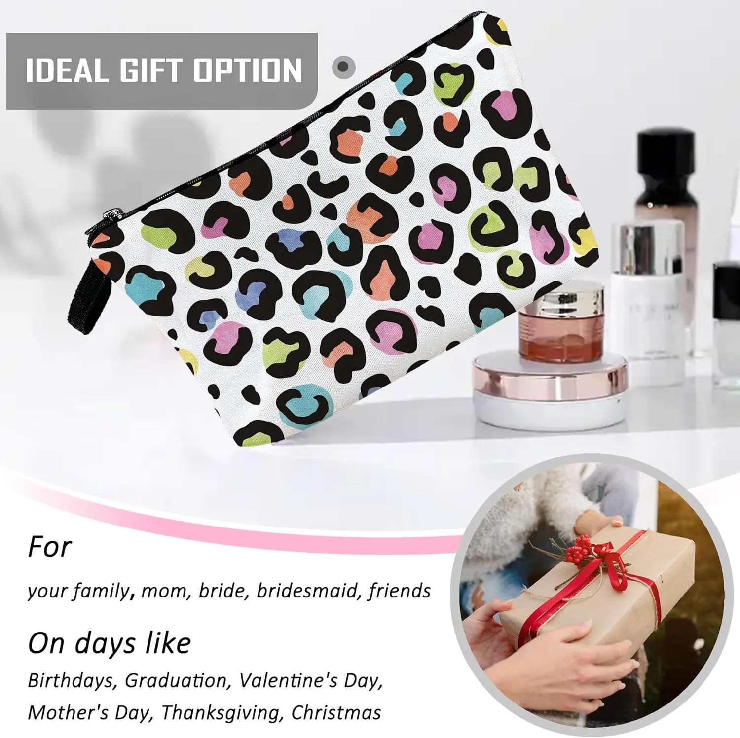 White Leopard Cheetah Print Makeup Cosmetic Bag Aesthetic Pouch Organizer Small Compact Cute Travel Mini Portable Beauty Toiletry Make Up Brush Storage Purse Case Women Girl Waterproof Zipper