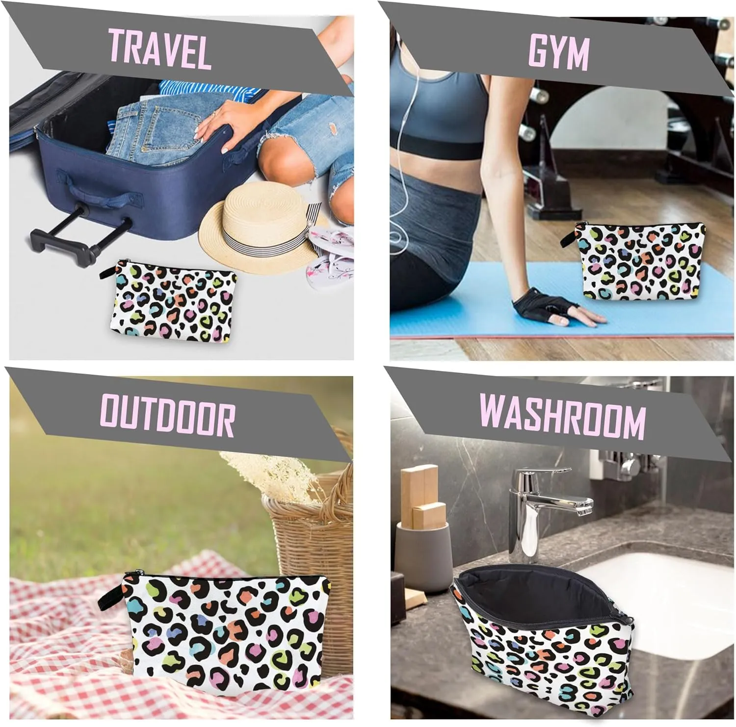 White Leopard Cheetah Print Makeup Cosmetic Bag Aesthetic Pouch Organizer Small Compact Cute Travel Mini Portable Beauty Toiletry Make Up Brush Storage Purse Case Women Girl Waterproof Zipper