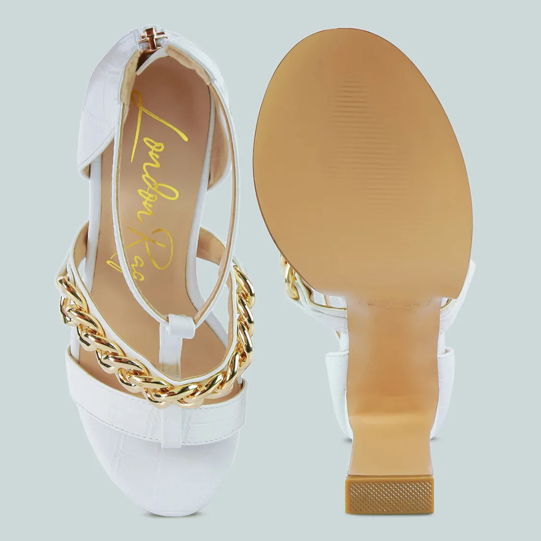 White Metal Chain Zip Up Sandal