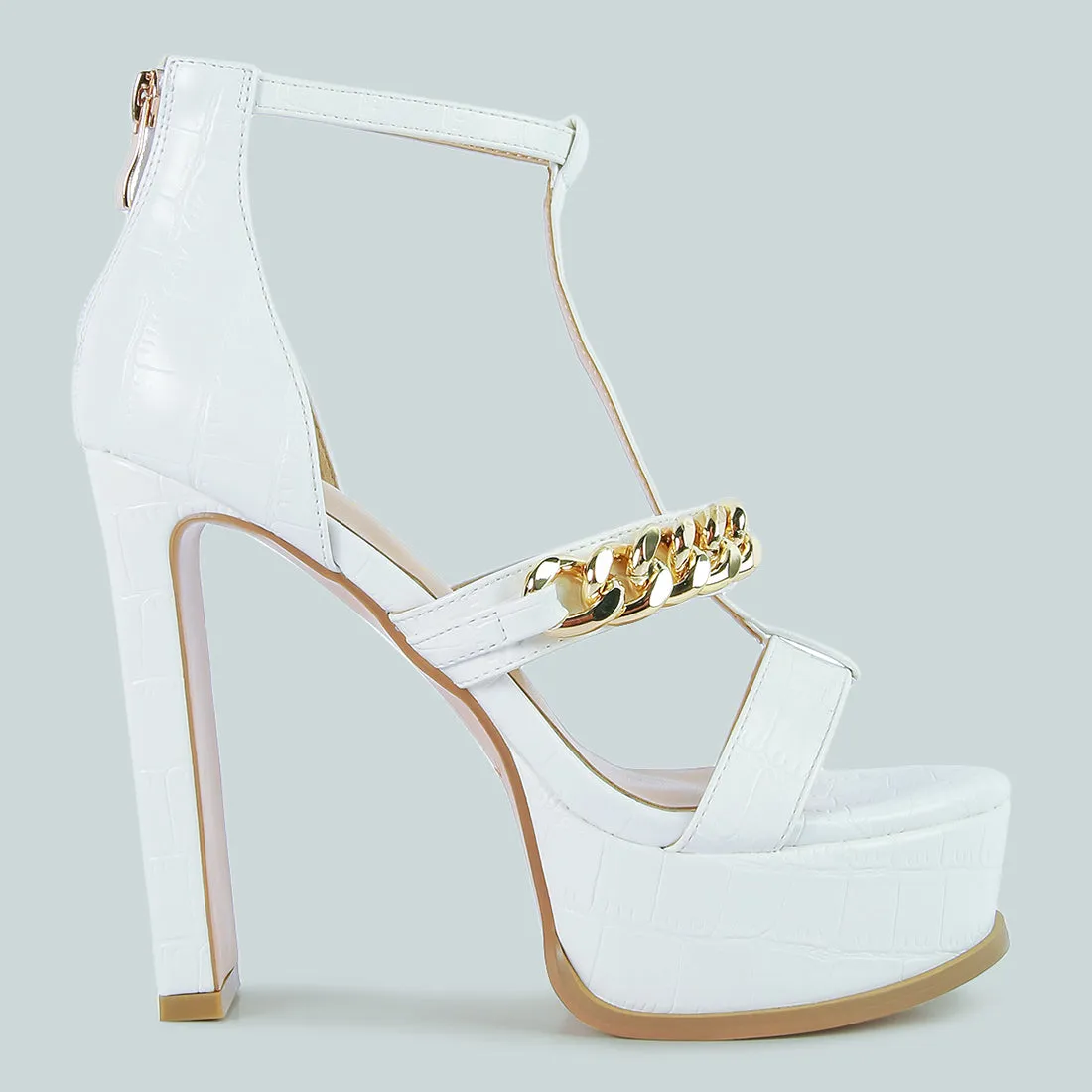 White Metal Chain Zip Up Sandal