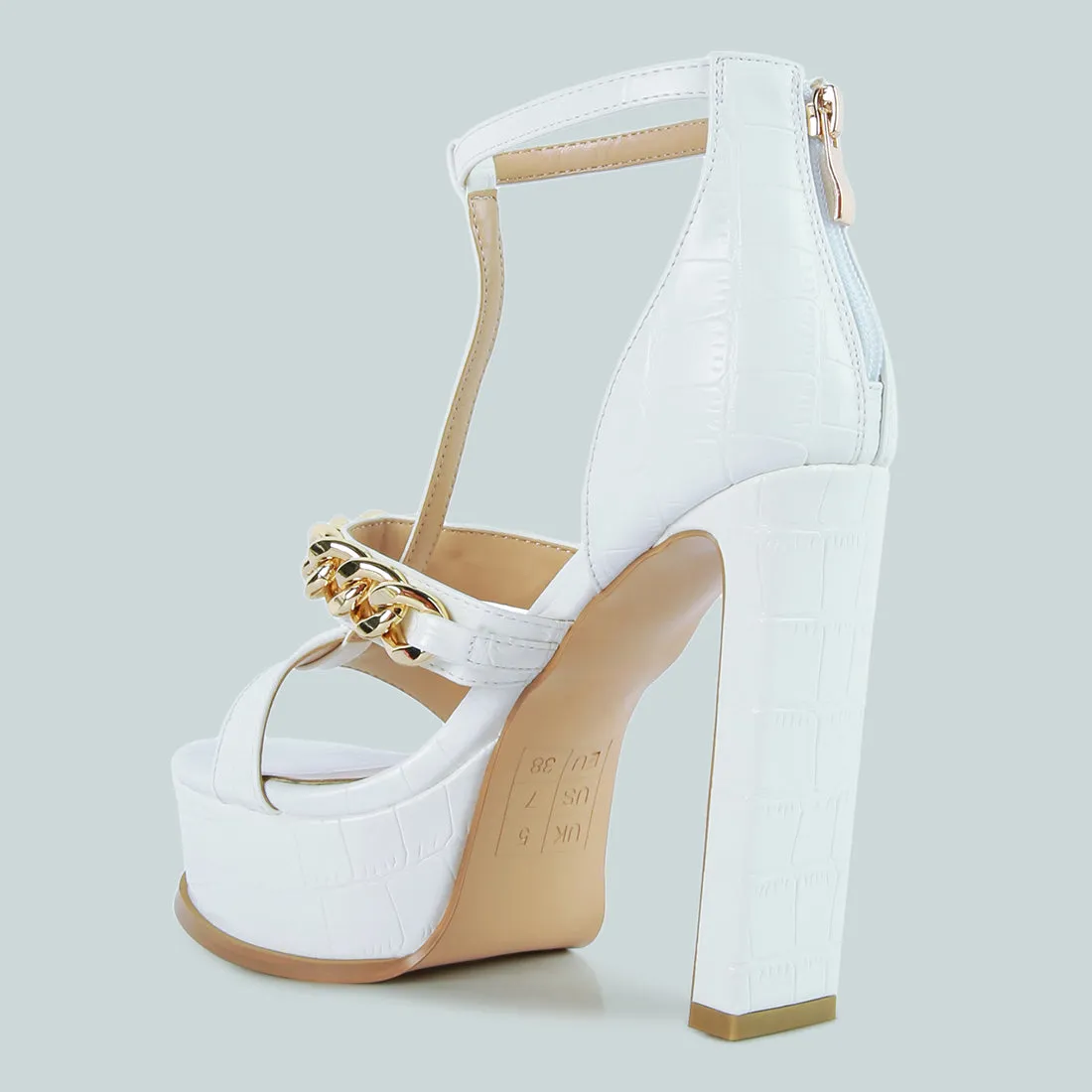 White Metal Chain Zip Up Sandal