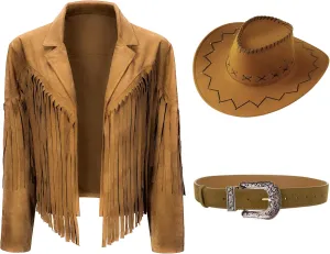 Women Cowgirl Costume Suede Fringe Jacket Hat Belt Set for Western Cowgirl Cowboy Halloween Cosplay