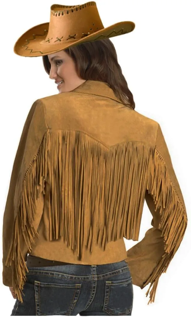 Women Cowgirl Costume Suede Fringe Jacket Hat Belt Set for Western Cowgirl Cowboy Halloween Cosplay