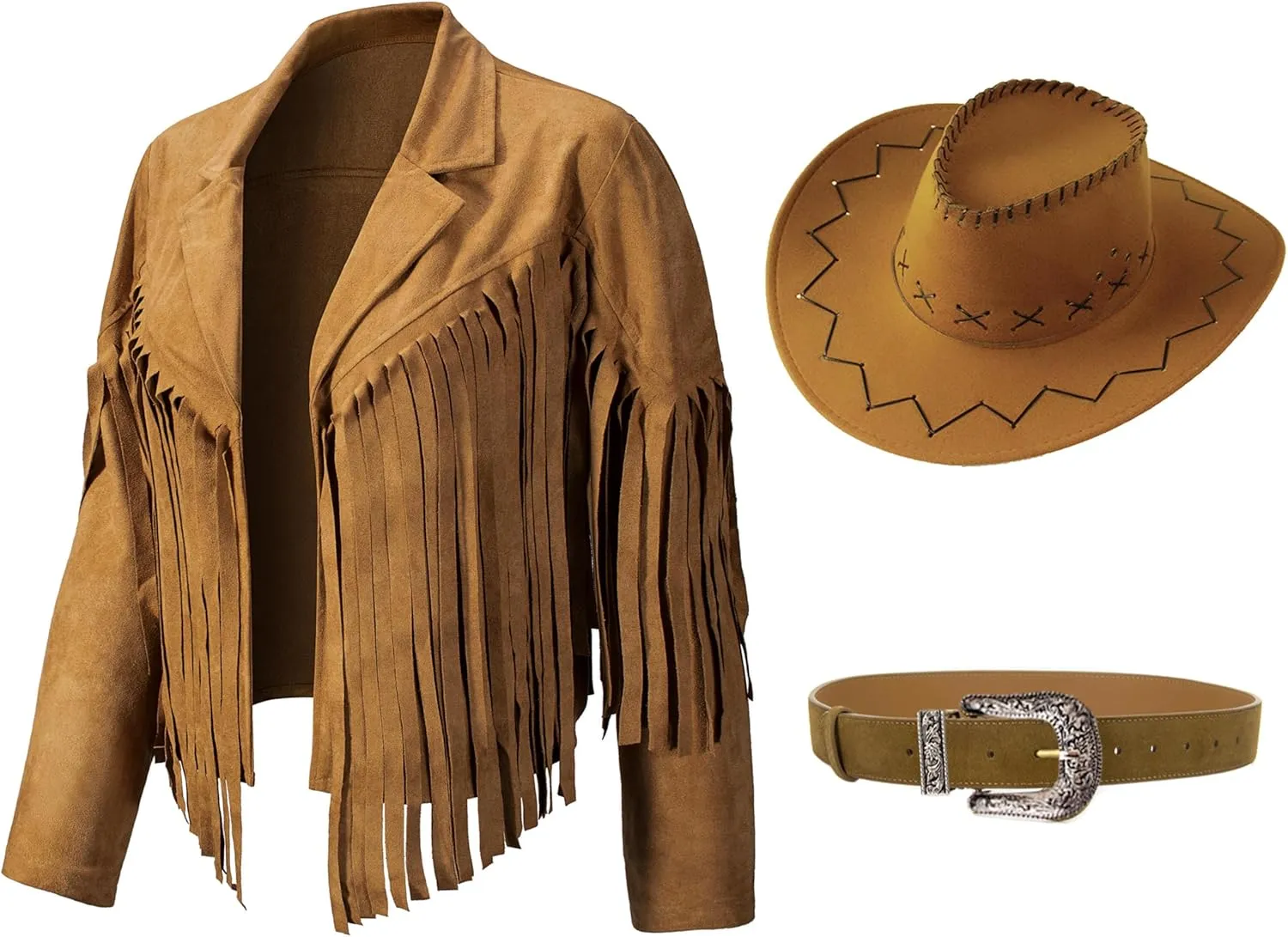 Women Cowgirl Costume Suede Fringe Jacket Hat Belt Set for Western Cowgirl Cowboy Halloween Cosplay