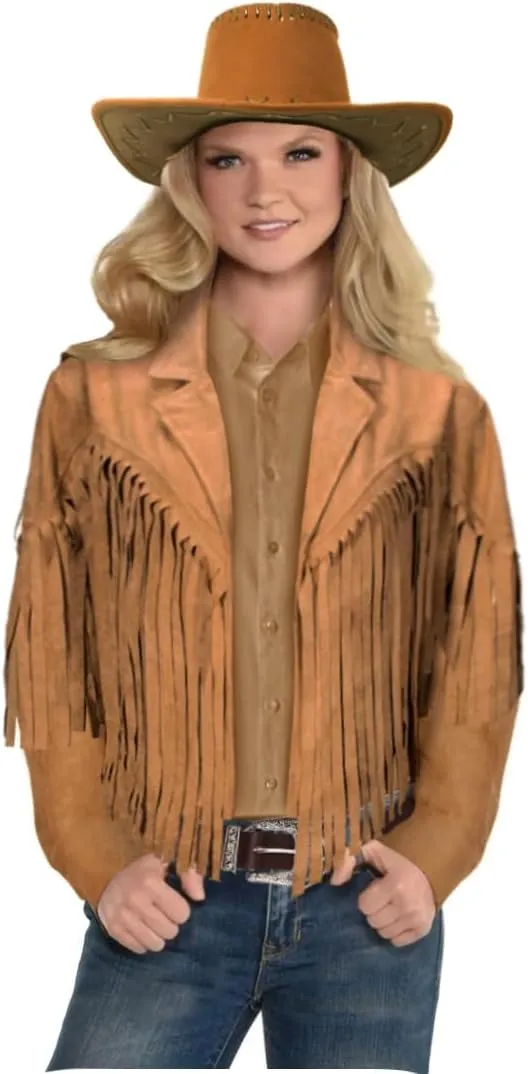 Women Cowgirl Costume Suede Fringe Jacket Hat Belt Set for Western Cowgirl Cowboy Halloween Cosplay